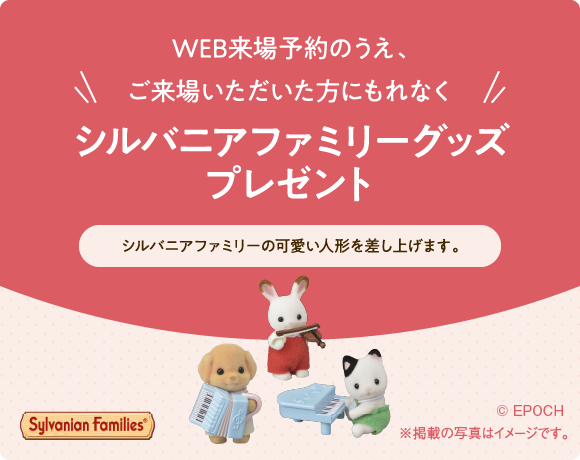 WEB来場予約のうえ、ご来場いただいた方にもれなくシルバニアファミリーグッズプレゼント シルバニアファミリーの可愛い人形を差し上げます。
