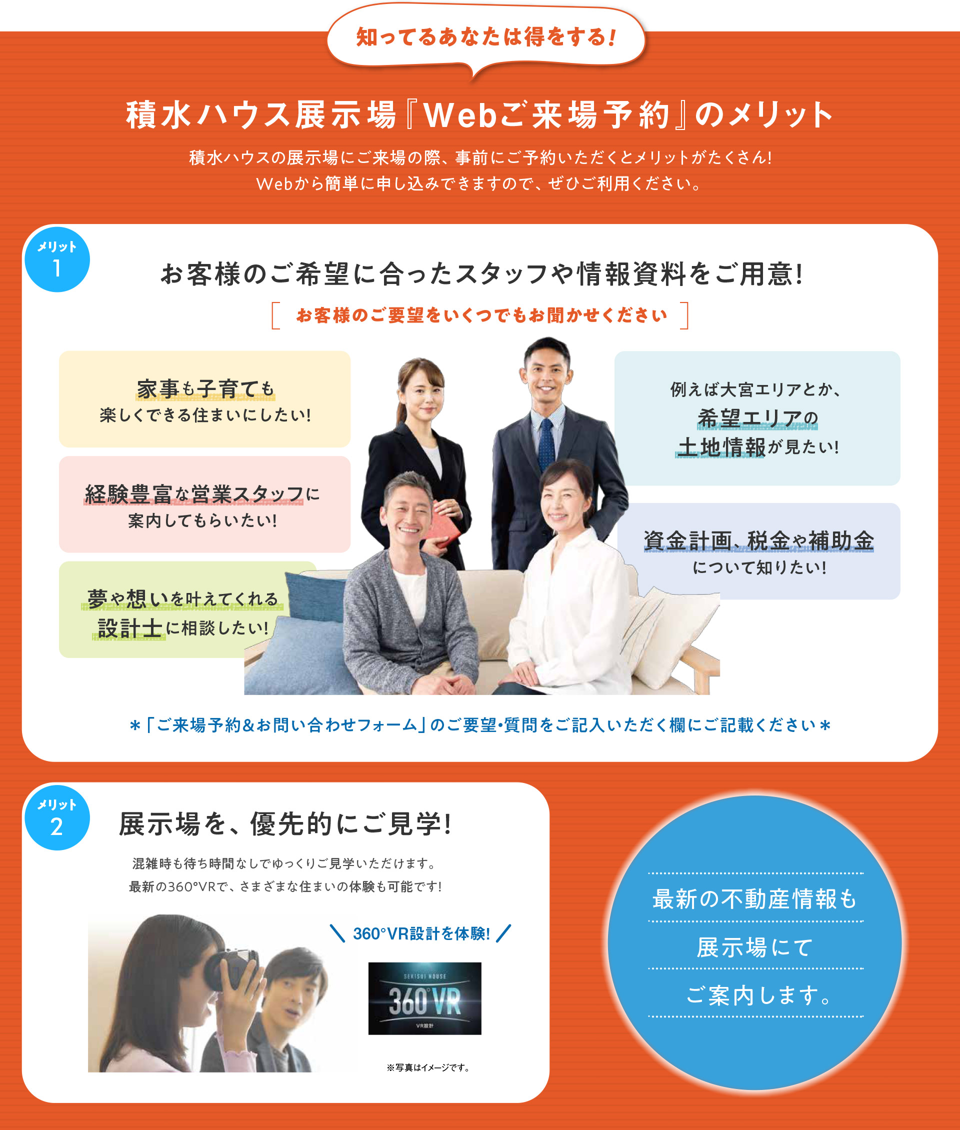 知ってるあなたは得をする!積水ハウス展示場『Webご来場予約』のメリット 積水ハウスの展示場にご来場の際、事前にご予約いただくとメリットがたくさん!Webから簡単に申し込みできますので、ぜひご利用ください。メリット1:お客様のご希望に合ったスタッフや情報資料をご用意!メリット2:展示場を、優先的にご見学! 最新の不動産情報も展示場にてご案内します。