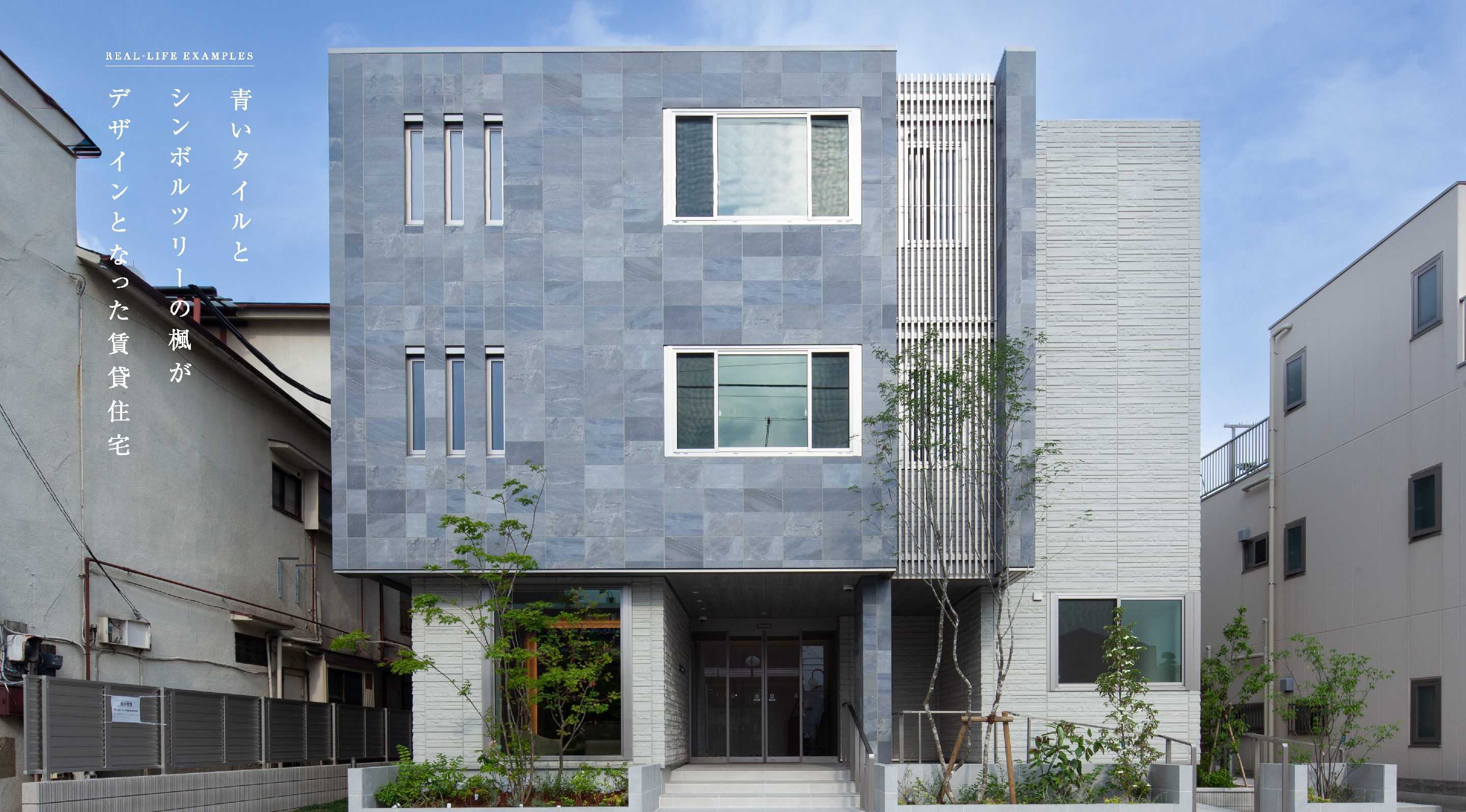 青いタイルとシンボルツリーの楓がデザインとなった賃貸住宅