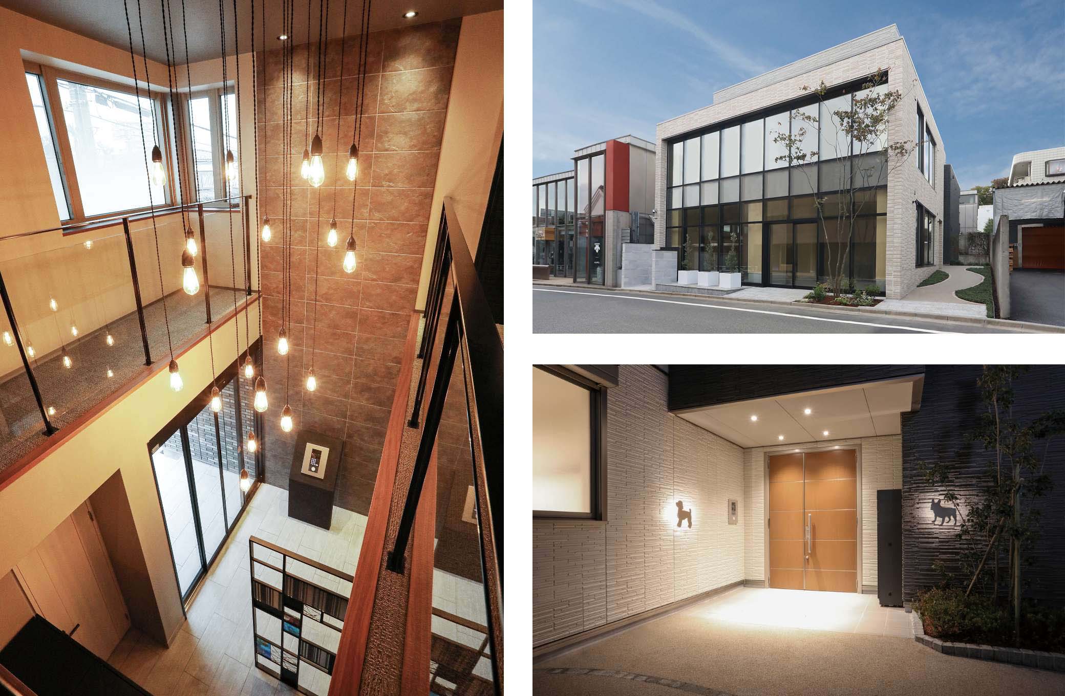 左:共有部分/エントランスホール、右上:外観/店舗、右下:外観/エントランス