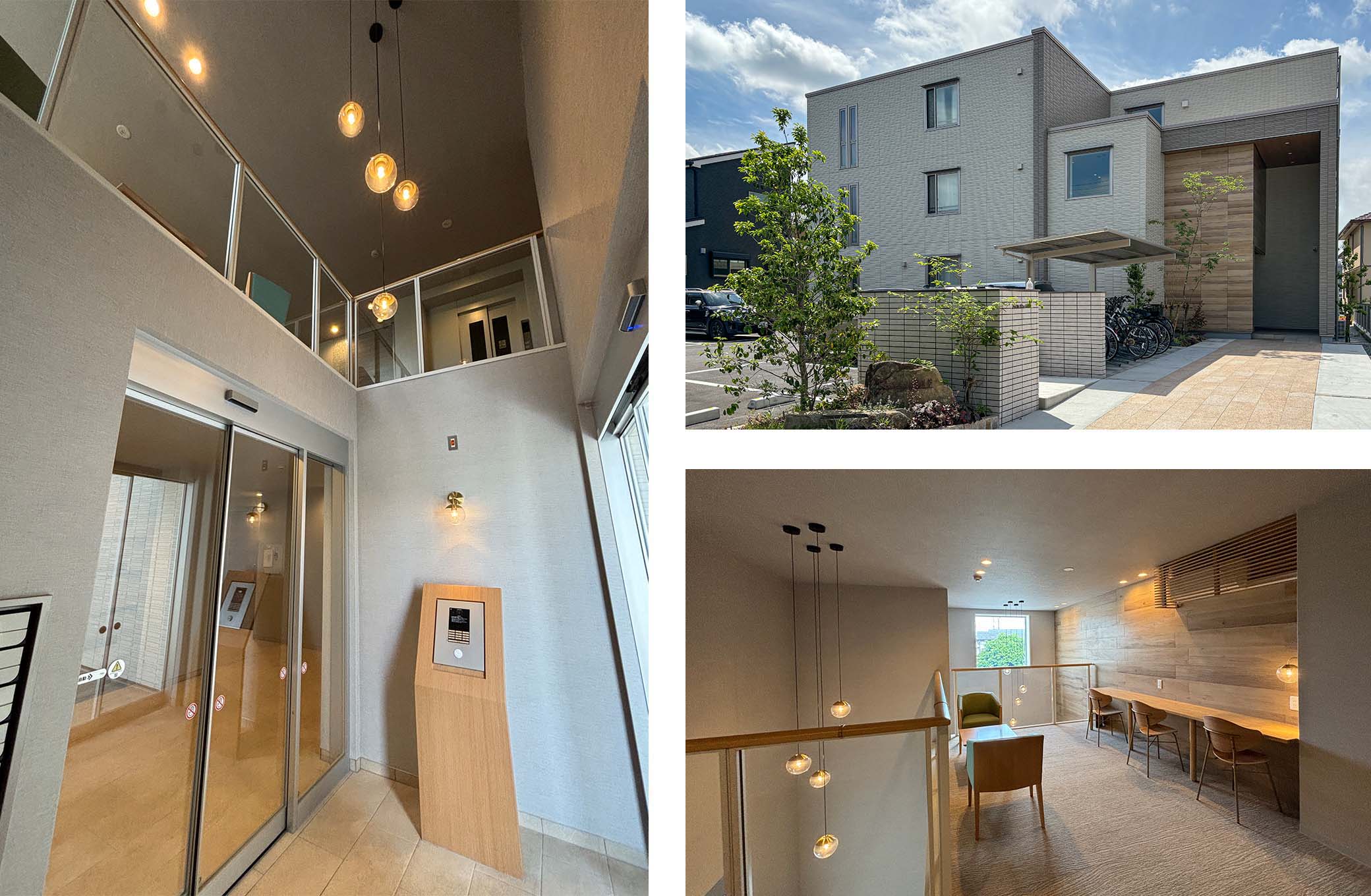 左:共有部分/エントランスホール、右上:外観/3階建て賃貸住宅、右下:共有部分/ワークスペース