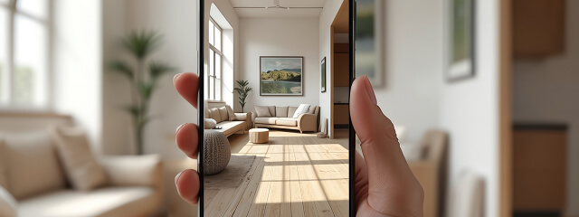 スマートフォンで住宅の室内を確認する様子