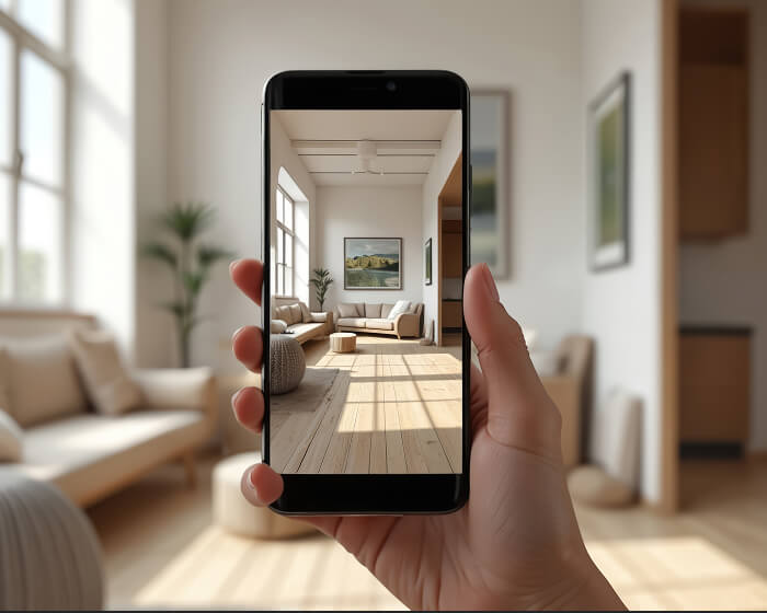 スマートフォンで住宅の室内を確認する様子