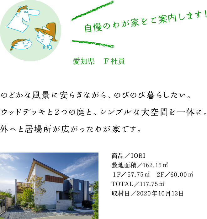 自慢のわが家をご案内します！  愛知県　Ｆ社員  のどかな風景に安らぎながら、のびのび暮らしたい。ウッドデッキと２つの庭と、シンプルな大空間を一体に。外へと居場所が広がったわが家です。
  商品／IORI
  敷地面積／162.15㎡ 
  １F／57.75㎡　2F／60.00㎡
  TOTAL／117.75㎡
  取材日／2020年10月13日